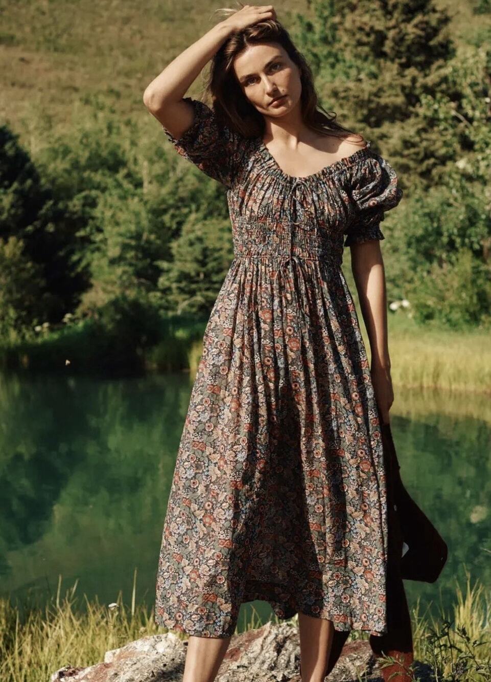 Doen Floral Smocked Puff Sleeve Midi Dress Cottagecore Prairie Size XXS